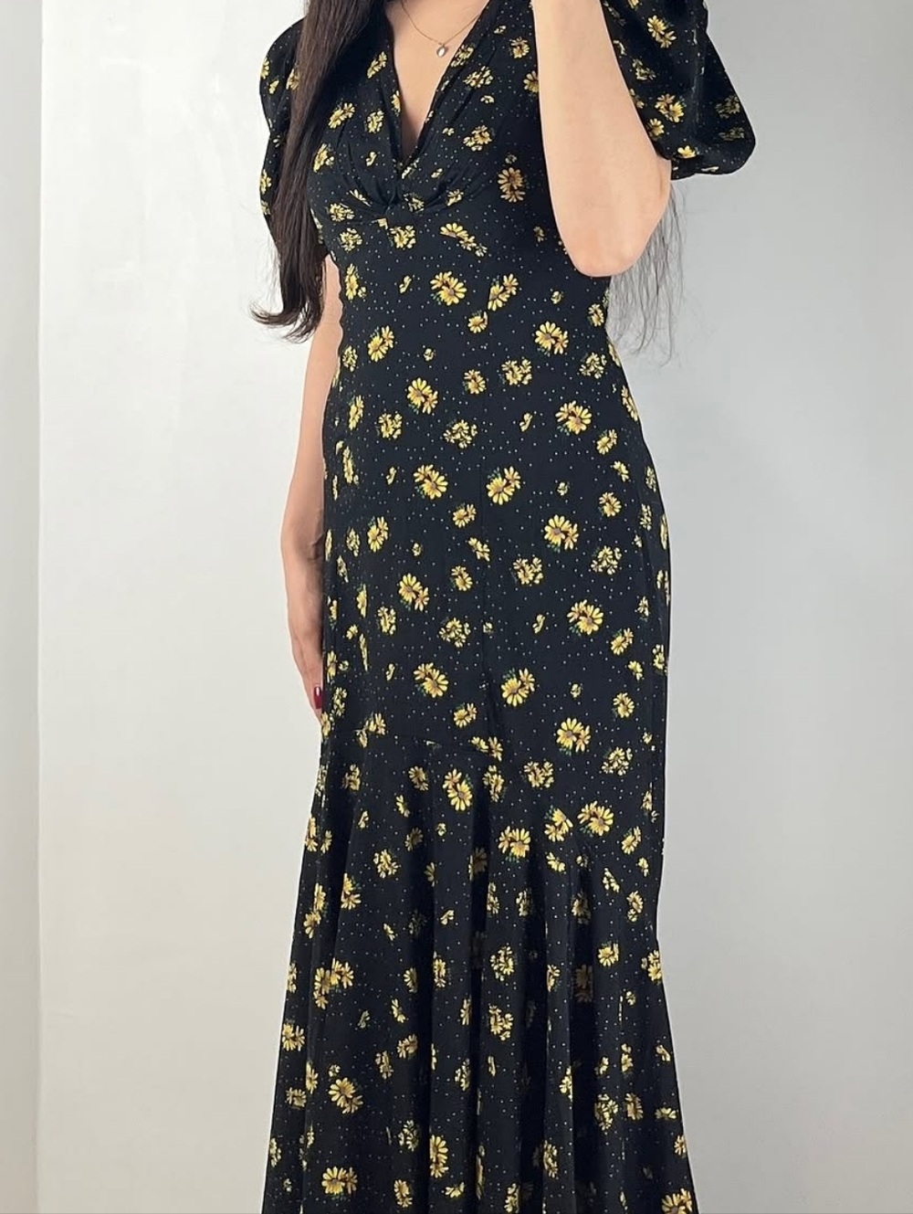 Nasty Gal Black Maxi Skirt with Yellow Floral Print